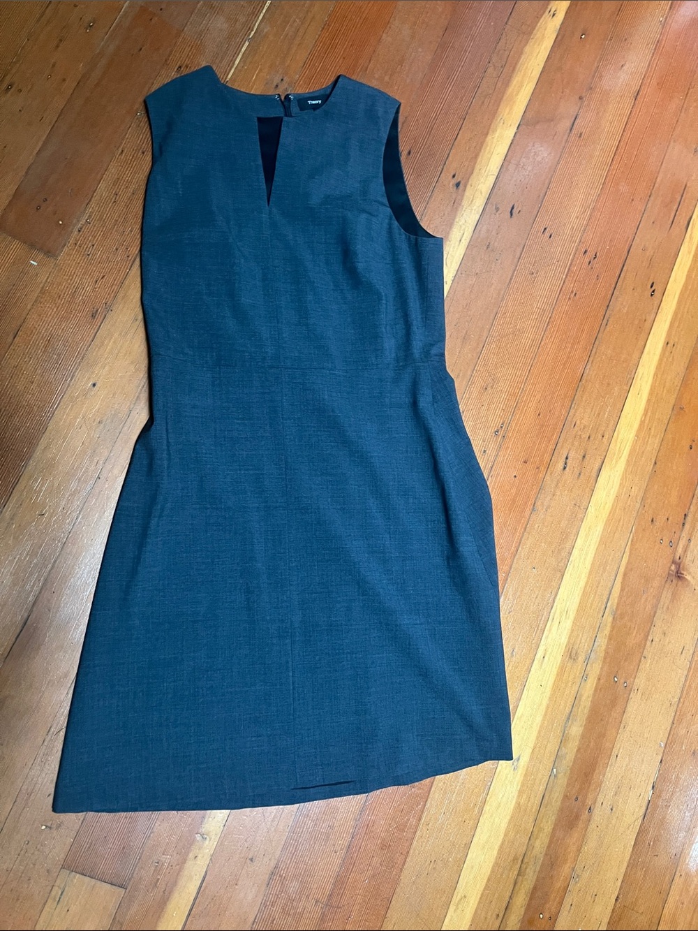 Theory Sleeveless Sheath Dress in Charcoal Gray with Front Notch